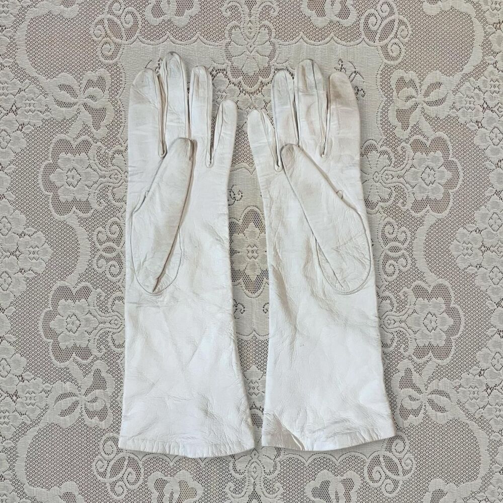 1950s vtg Neusteters made in France white leather & silk evening opera gloves